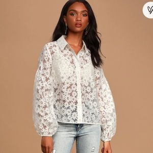 Lulu's Happiness Blooms White Sheer Organza Floral Lace Button-Up Top